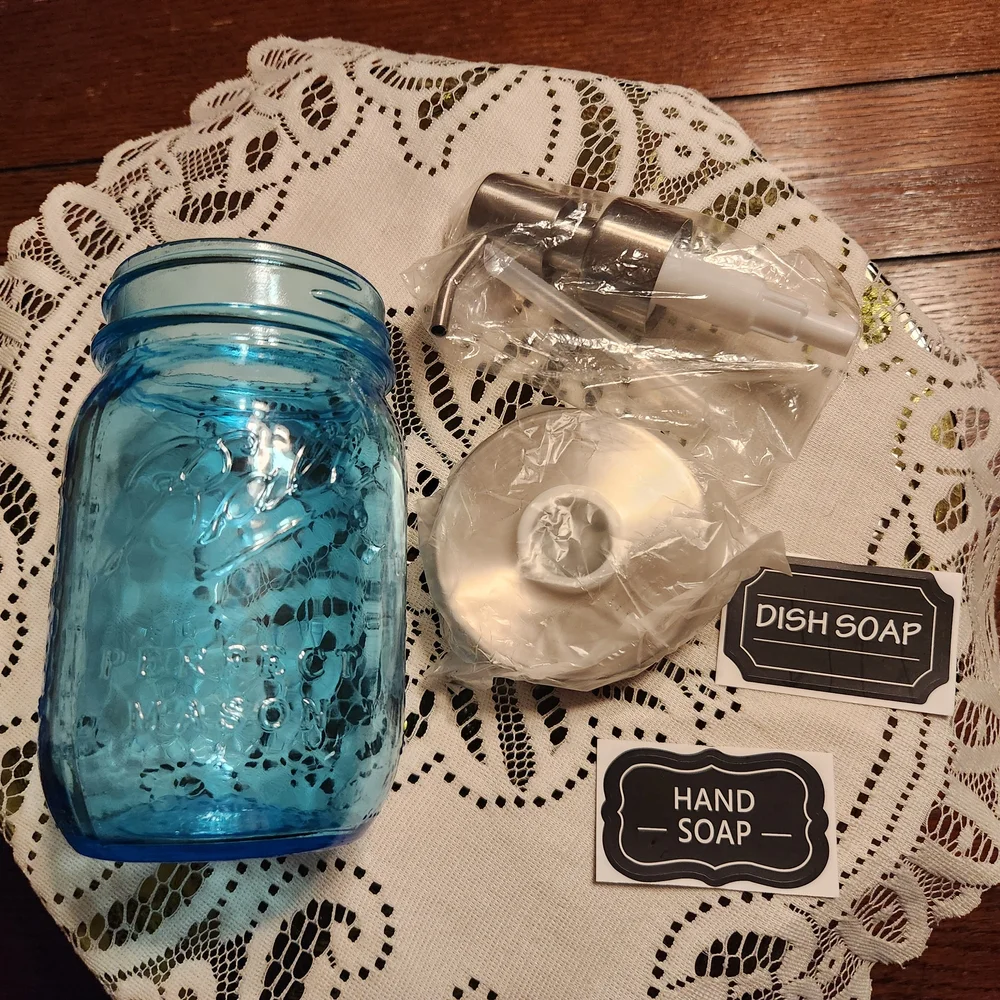Blue Mason Jar Soap Dispenser With New Dispenser Kit And Two Labels